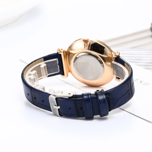 Diamond Belt Watch Blue – Women's Quartz Watch Leather Strap Diamond Bezel Round Dial.