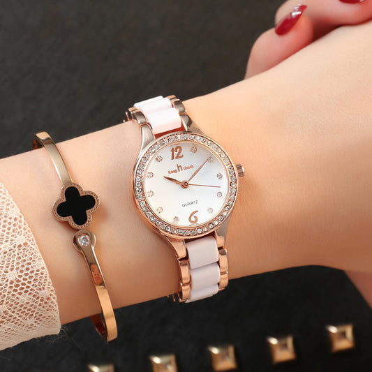 Luxury Women's Quartz Watch Silver – Diamond Studded Bezel Mineral Glass Slim 7mm Case.