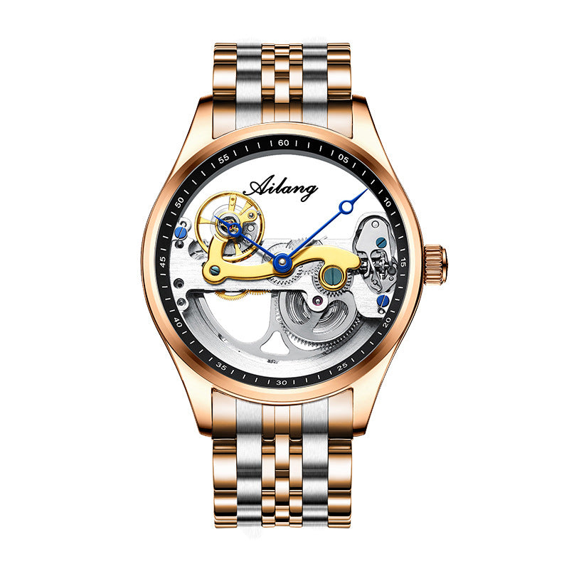Ailang luxury mechanical watch gold mesh strap skeleton dial transparent caseback luminous waterproof gift
