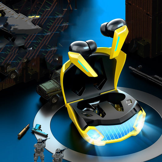 Yellow gaming wireless earbuds robot design low latency Bluetooth charging case open.