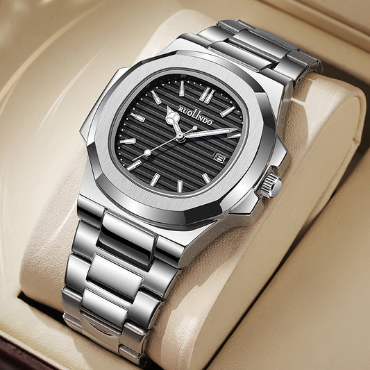 RUOLINDO Luminous Watch Full Silver Blue Dial Double Calendar Men.