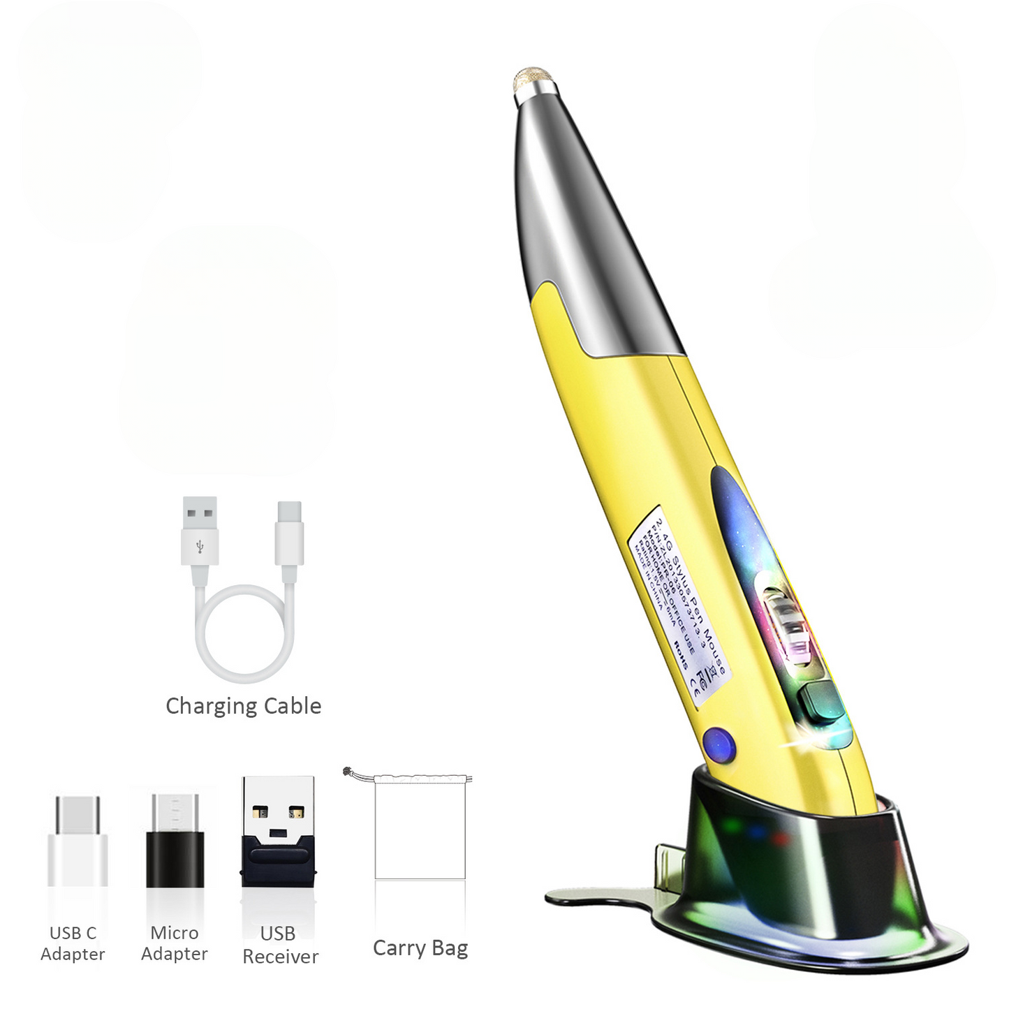 Yellow wireless pen mouse rechargeable with charging stand USB air mouse.