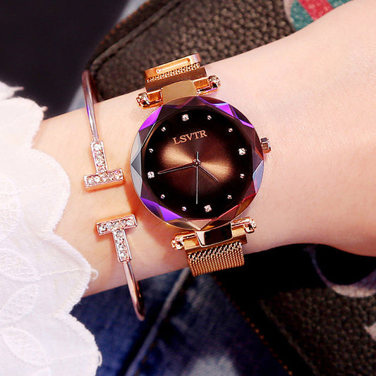LSVTR rose gold ladies watch 3 colors black blue red starry sky 3D diamond dial magnetic strap.