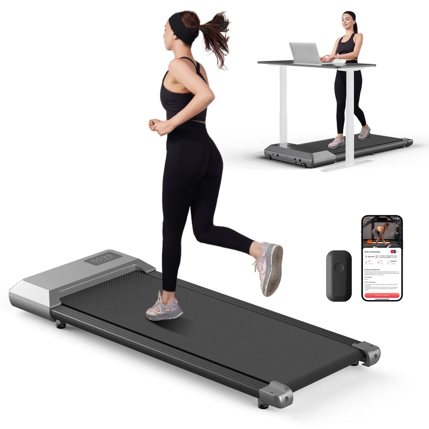 Walking pad treadmill side profile slim design under desk storage black.