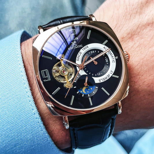 Luxury square automatic watch tourbillon moon phase black leather strap men.