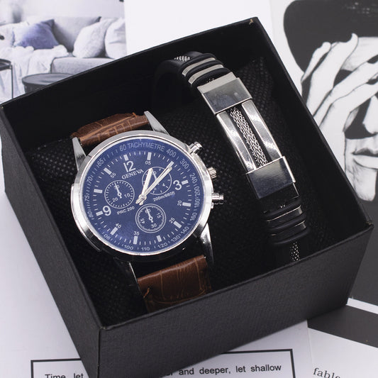Men's quartz watch black dial brown leather strap blue glass crystal bracelet set gift.