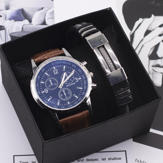 Men's classic quartz watch blue dial leather strap bracelet set gift box.