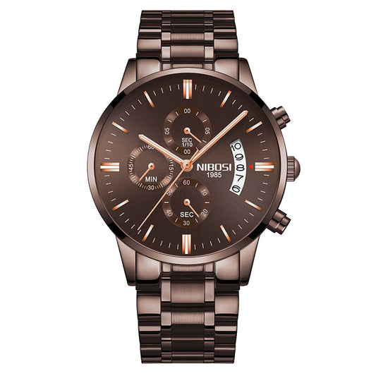 NIBOSI 1985 men's quartz watch brown stainless steel chronograph.