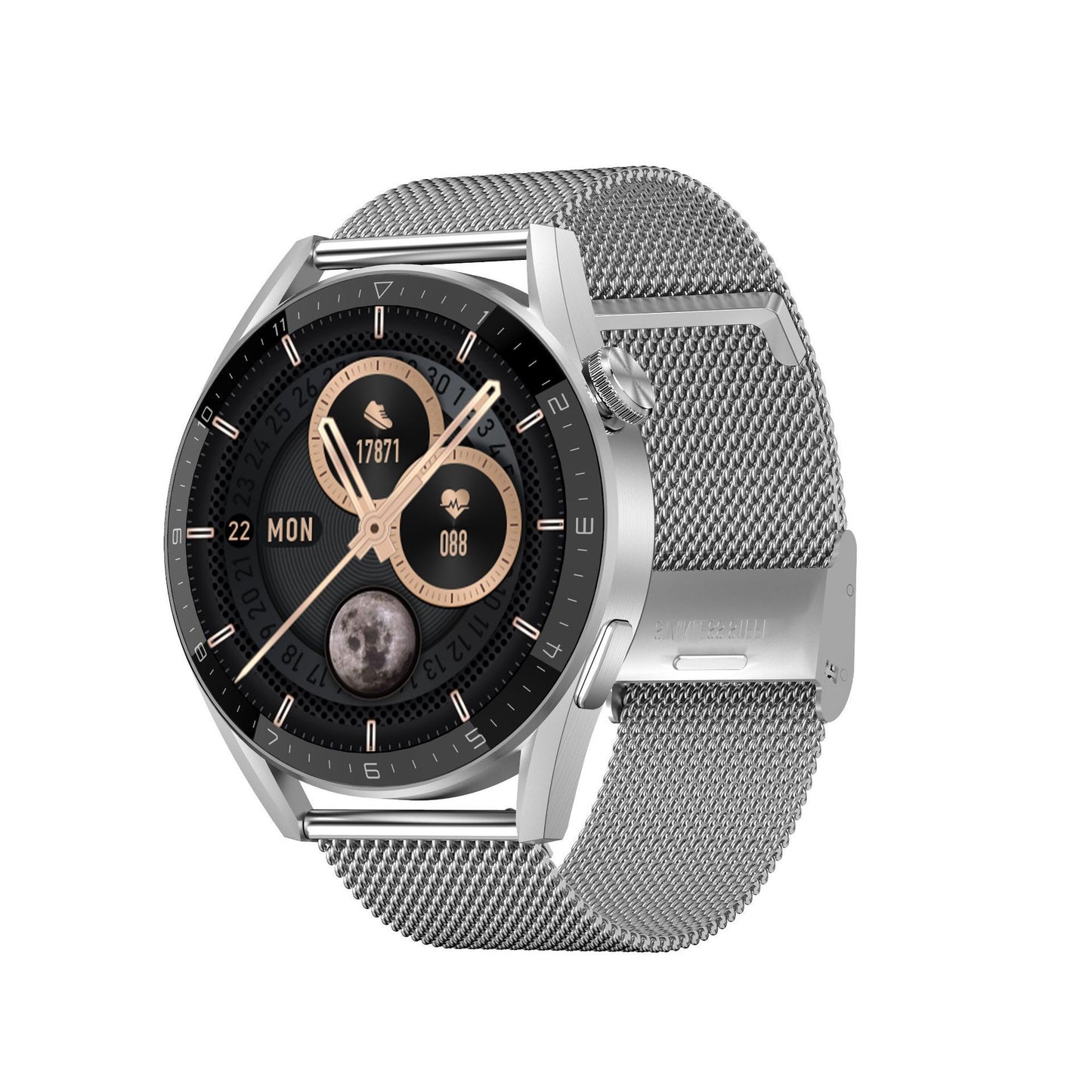 IP68 waterproof smartwatch silver strap heart rate blood pressure SpO2 gift men women.