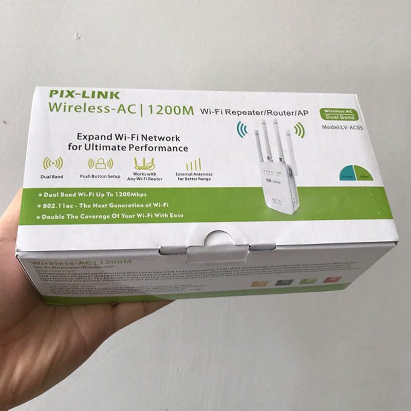 Wireless network extender 1200Mbps with universal router compatibility.