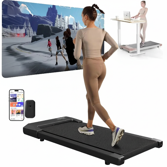 2-in-1 walking pad treadmill woman walking home office virtual screen.