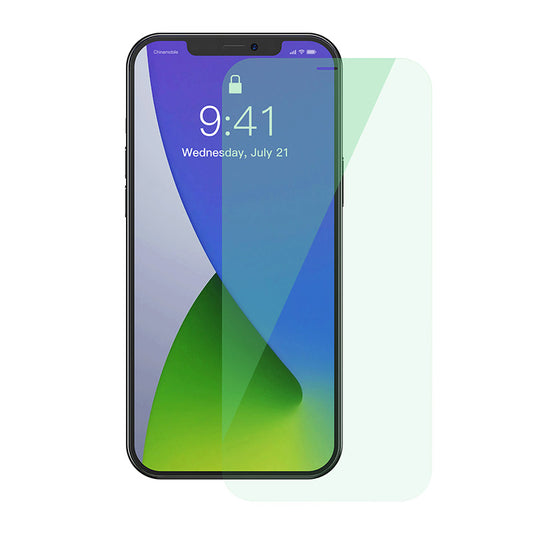 Close-up view of 0.15mm tempered glass screen protector showing crystal clear transparency and edge-to-edge coverage.