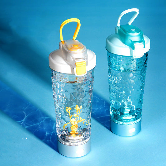 USB rechargeable automatic shaker cup in blue and yellow.