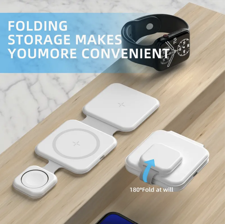 Compact 3-in-1 charger perfect for bedside table or office desk setup.