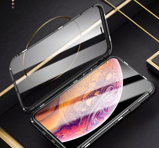 Double-sided magnetic glass case for iPhone - premium crystal clear design.