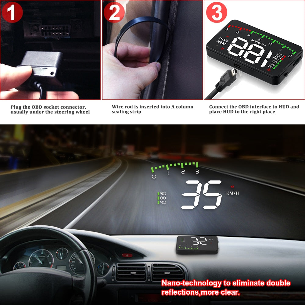 OBDHUD A900 3.5 Inch HUD Smart Overspeed Auto Warning Windshield Projector OBD2 Digital Speed Mileage Meter Head Up Display