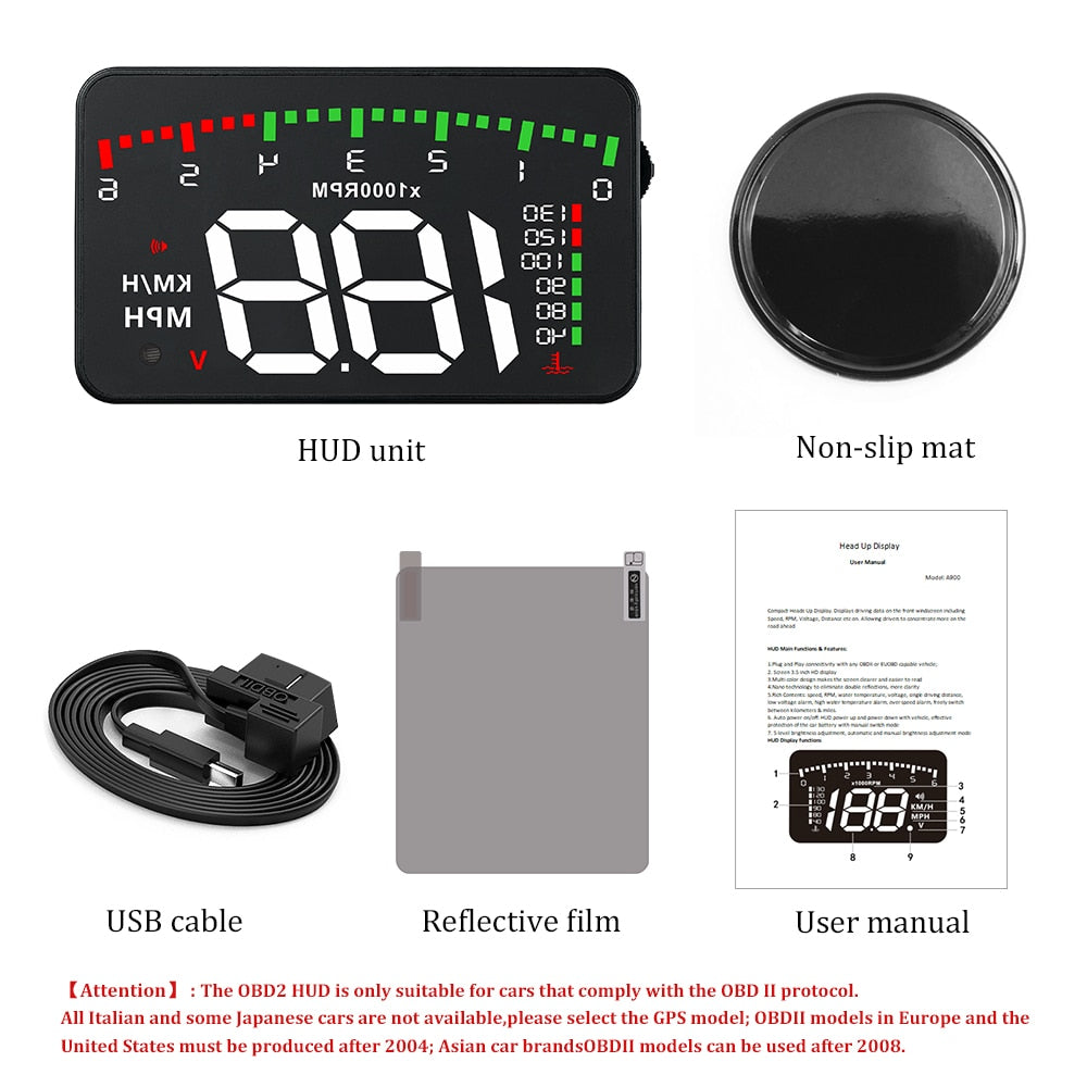 OBDHUD A900 3.5 Inch HUD Smart Overspeed Auto Warning Windshield Projector OBD2 Digital Speed Mileage Meter Head Up Display