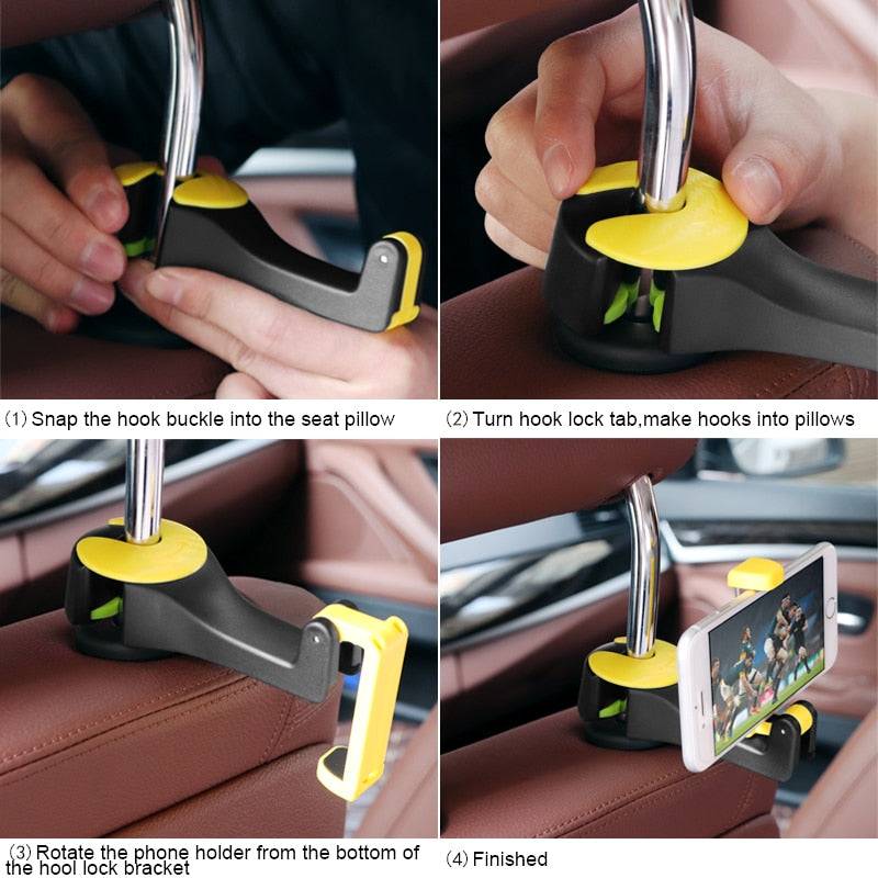 2 in 1 Car Headrest Hook with Phone Holder Seat Back Hanger for Bag Handbag Purse Grocery Cloth Foldble Clips Organizer