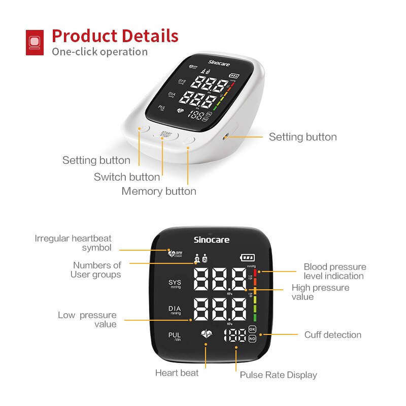Adjustable Cuff 2-Users Mode Sinocare sphygmomanometer Arm Blood pressure monitor Professional Digital Blood pressure monitor