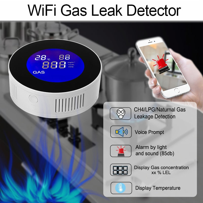 Tuya Wifi Smart Natural Gas Alarm Sensor With temperature function Combustible Gas Leak Detector LCD Display Smart Life App