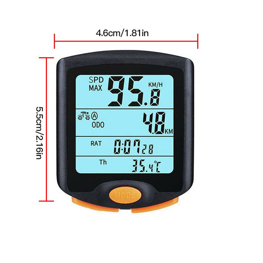 Bike computer display showing speed distance and time tracking metrics.