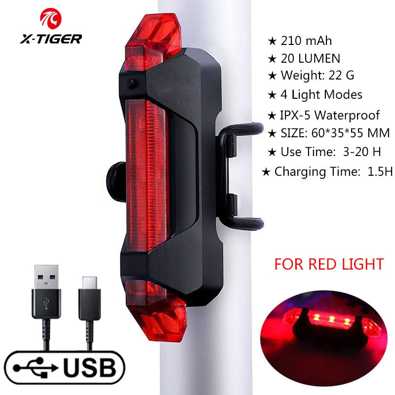 X-TIGER Bike Light USB Rechargeable 300 Lumens Bicycle Light LED Front Headlight Rear Taillight Cycling Flashlight Warning Light