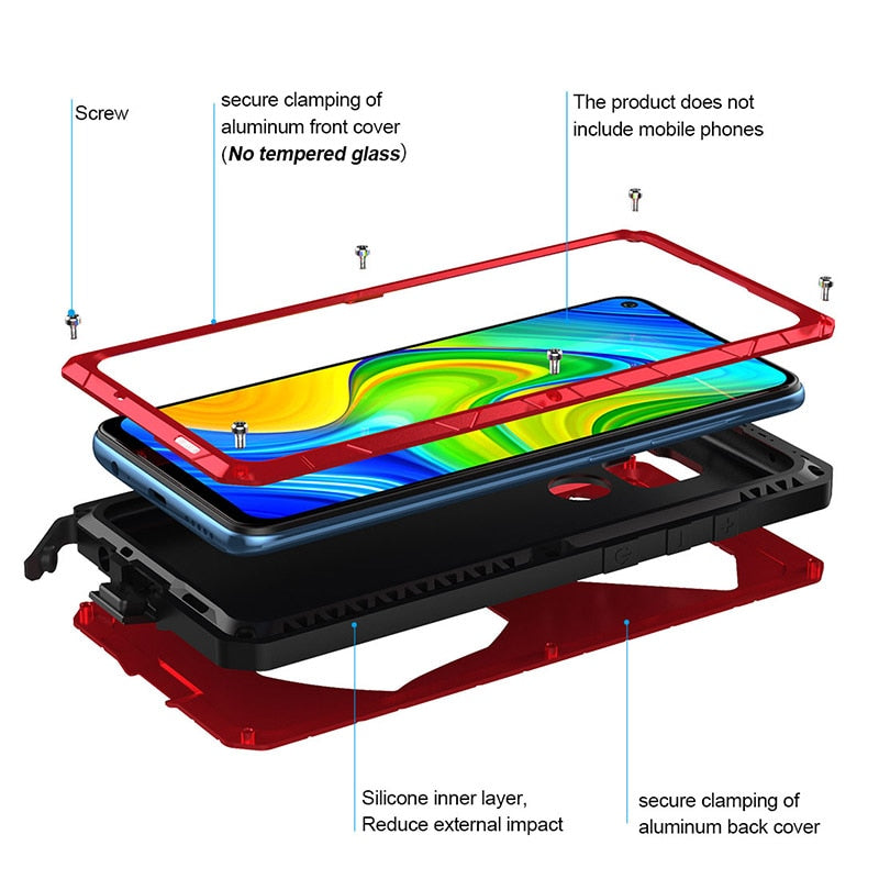 For Xiaomi Redmi Note 9 9S 8 Pro 9T 10 10 pro Case Hard Aluminum Metal Heavy Duty Protection Cover for Redmi with Tempered Glass