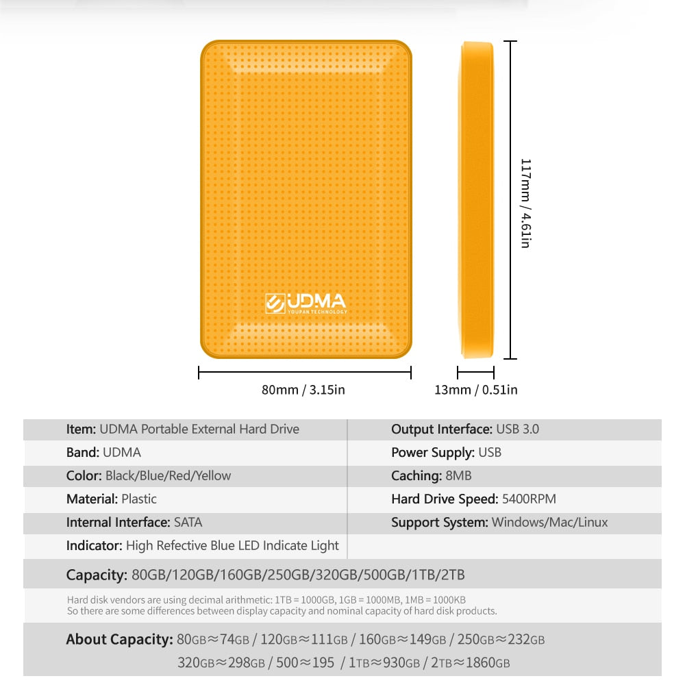 UDMA 2.5" USB3.0 HDD Portable External Hard Drive for PC,PS4,PS5, MacBook,Tablet, TV PS4 5 Xbox 1Tb 2T 750G 500G 320GB NTFS