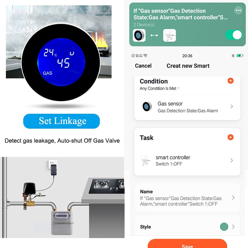 Smart gas sensor technical specs – CE certified WiFi 2.4GHz combustible gas detector.