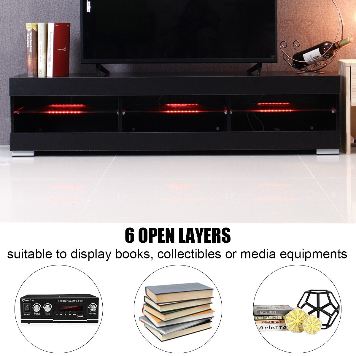 57'' TV Cabinet Modern LED TV Stands Living Room Furniture Detachable TV Unit Bracket with 6 Open Drawers Home Furnishings