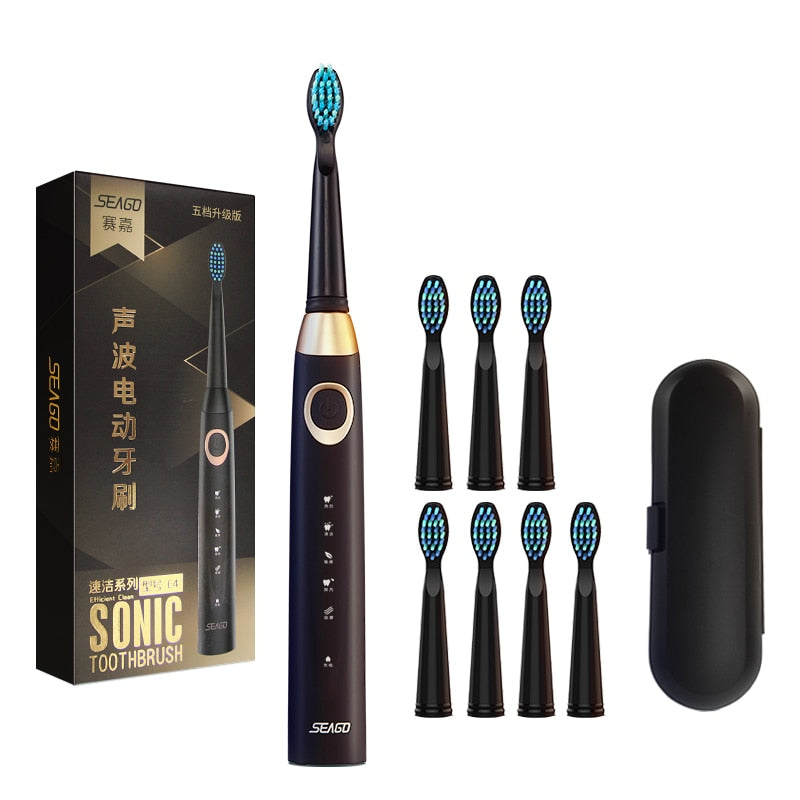 Seago Sonic Electric Toothbrush USB Rechargeable 5 Modes Smart Ultrasonic Toothbrushes Travel Case Oral Care Brush 8 Teeth Heads