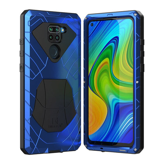 Shockproof metal case for Redmi Note 9 9S 8 Pro showing reinforced corner protection.