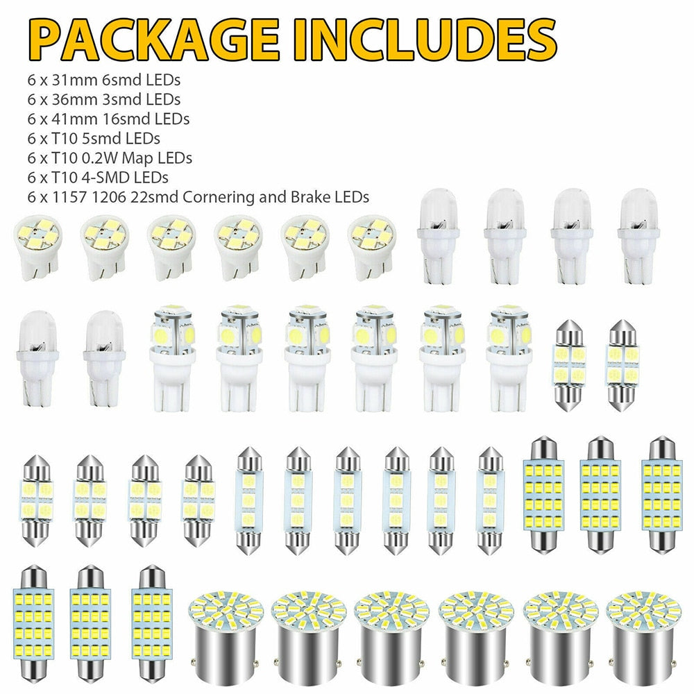 42 Pcs Car Interior White LED Light Mini Bulbs Kit 6000K Canbus Combo Map Trunk Dome Footwell Lamp License Plate Lights Bulbs