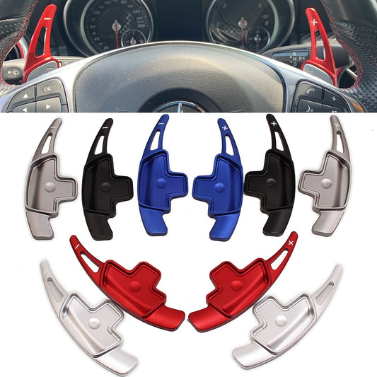 Mercedes Benz steering wheel with aluminum paddle shifter extensions installed – multi-color set.