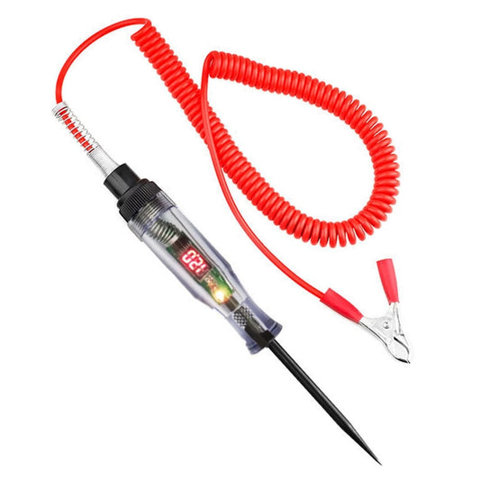 Car voltage tester with LED indicator testing 12V battery and electrical circuits.