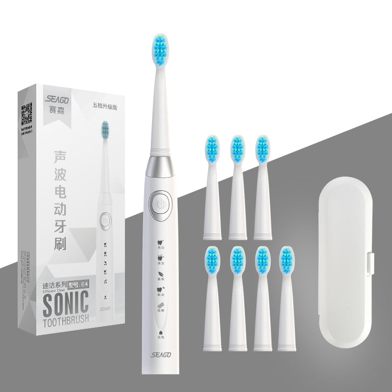 Seago Sonic Electric Toothbrush USB Rechargeable 5 Modes Smart Ultrasonic Toothbrushes Travel Case Oral Care Brush 8 Teeth Heads
