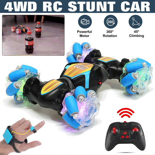 4WD RC stunt car performing 360-degree rotation drift with LED lights
