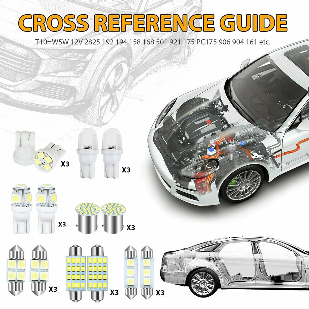 42 Pcs Car Interior White LED Light Mini Bulbs Kit 6000K Canbus Combo Map Trunk Dome Footwell Lamp License Plate Lights Bulbs