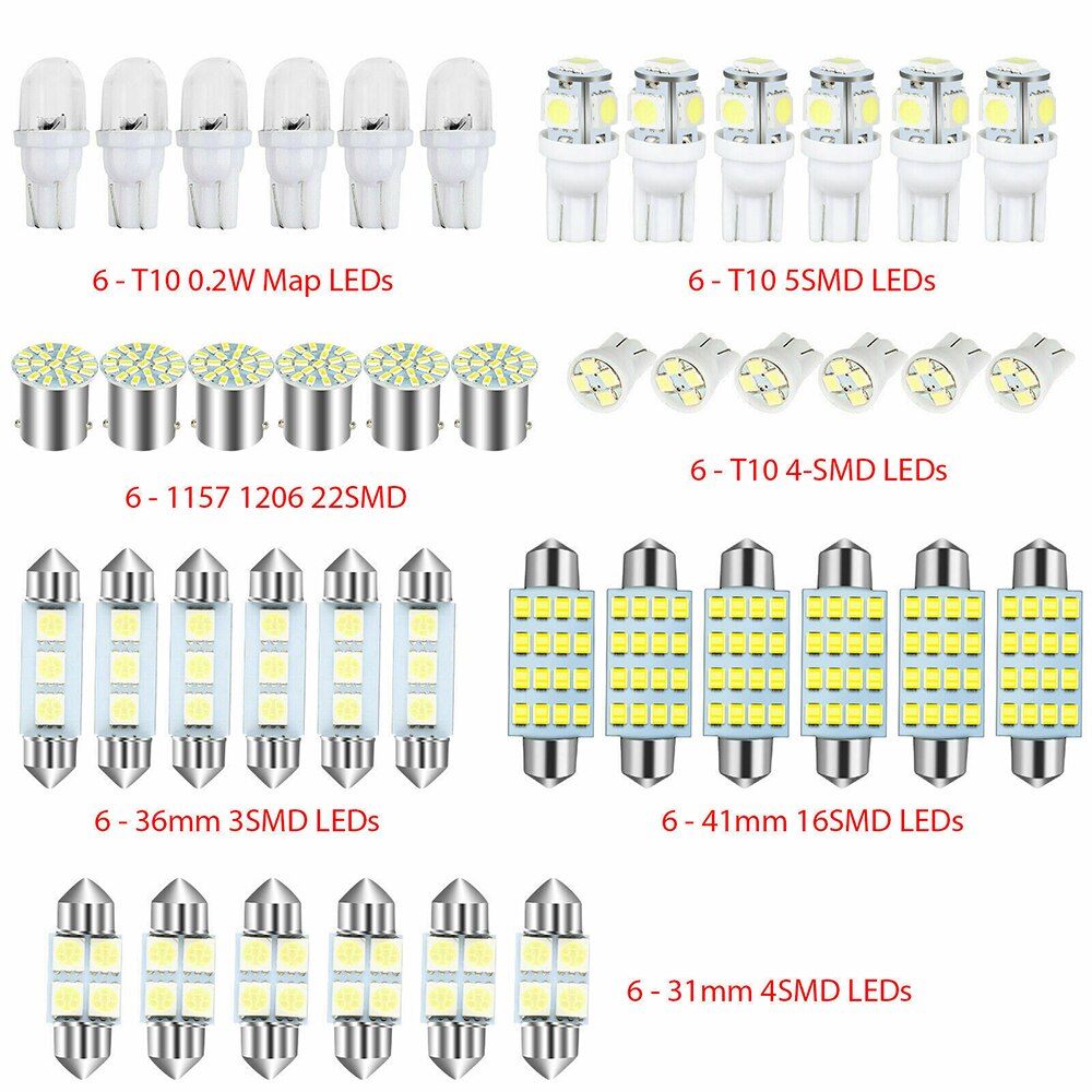 42 Pcs Car Interior White LED Light Mini Bulbs Kit 6000K Canbus Combo Map Trunk Dome Footwell Lamp License Plate Lights Bulbs