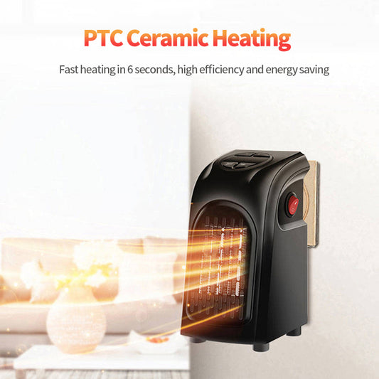 Portable electric heater with aluminum fin radiator and dual fan speed.