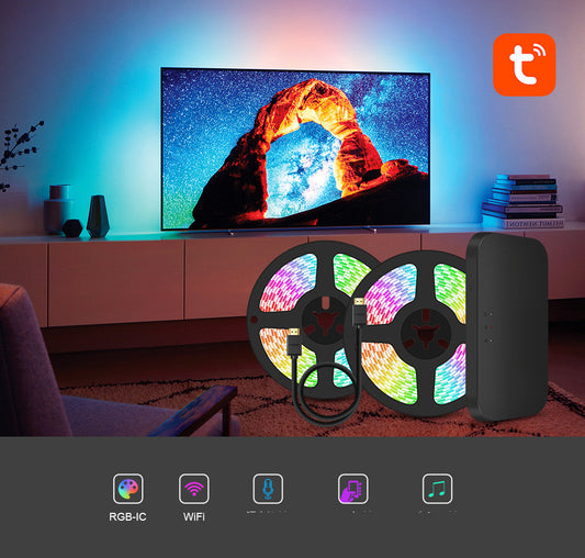 Tuya app controlled LED TV backlight – RGB color sync for 60 to 75 inch screens.