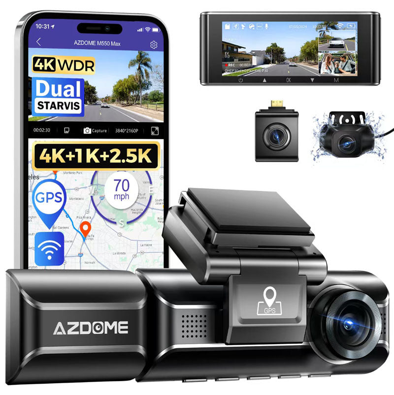 AZDOME M550 Pro dash cam with parking monitor – Double, Three Records and M550 MAX configurations.