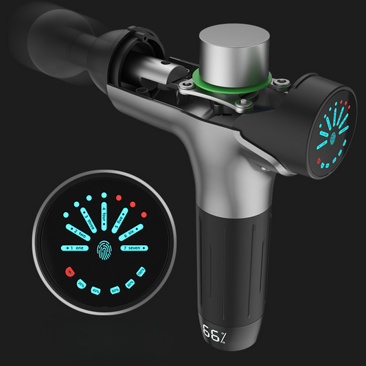 Elektrische Massagepistole Nahaufnahme mit LED-Display und Geschwindigkeitsregler.