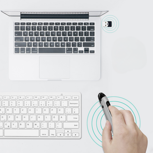 Wireless pen mouse in hand laptop plug and play USB receiver 2.4GHz presenter.