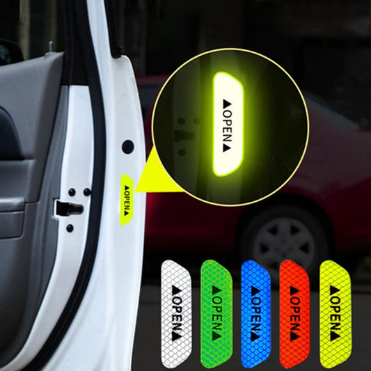 4Pcs reflective car door warning stickers – high-visibility night safety decals for all car models, easy peel-and-stick installation.
