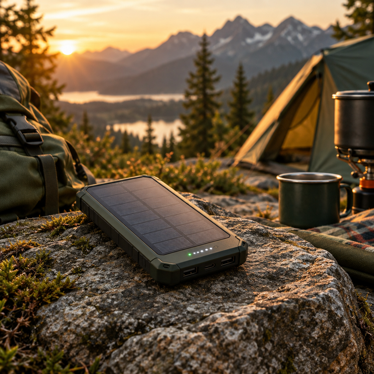 Portada Outdoor Tech con power bank solar y entorno de camping