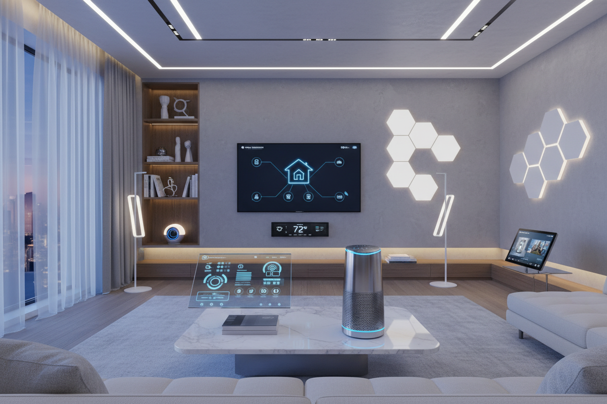 Smart home living room with intelligent devices, voice assistant, automated lighting and connected home technology.