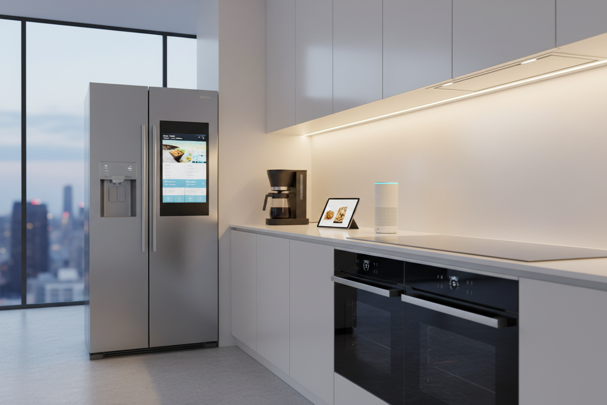 Modern smart kitchen featuring digital oven thermometer, intelligent cooking gadgets, automated appliances and connected kitchen technology.