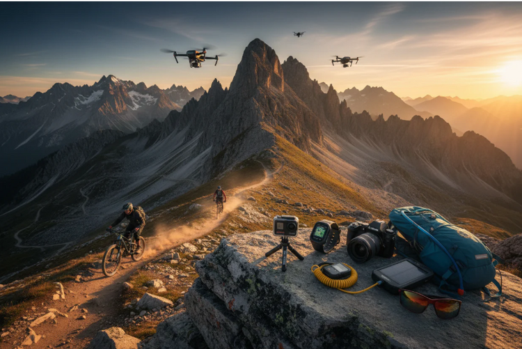 Mountain biker riding alpine trail at sunset with drones flying over mountain peaks, sports equipment and action camera in foreground.