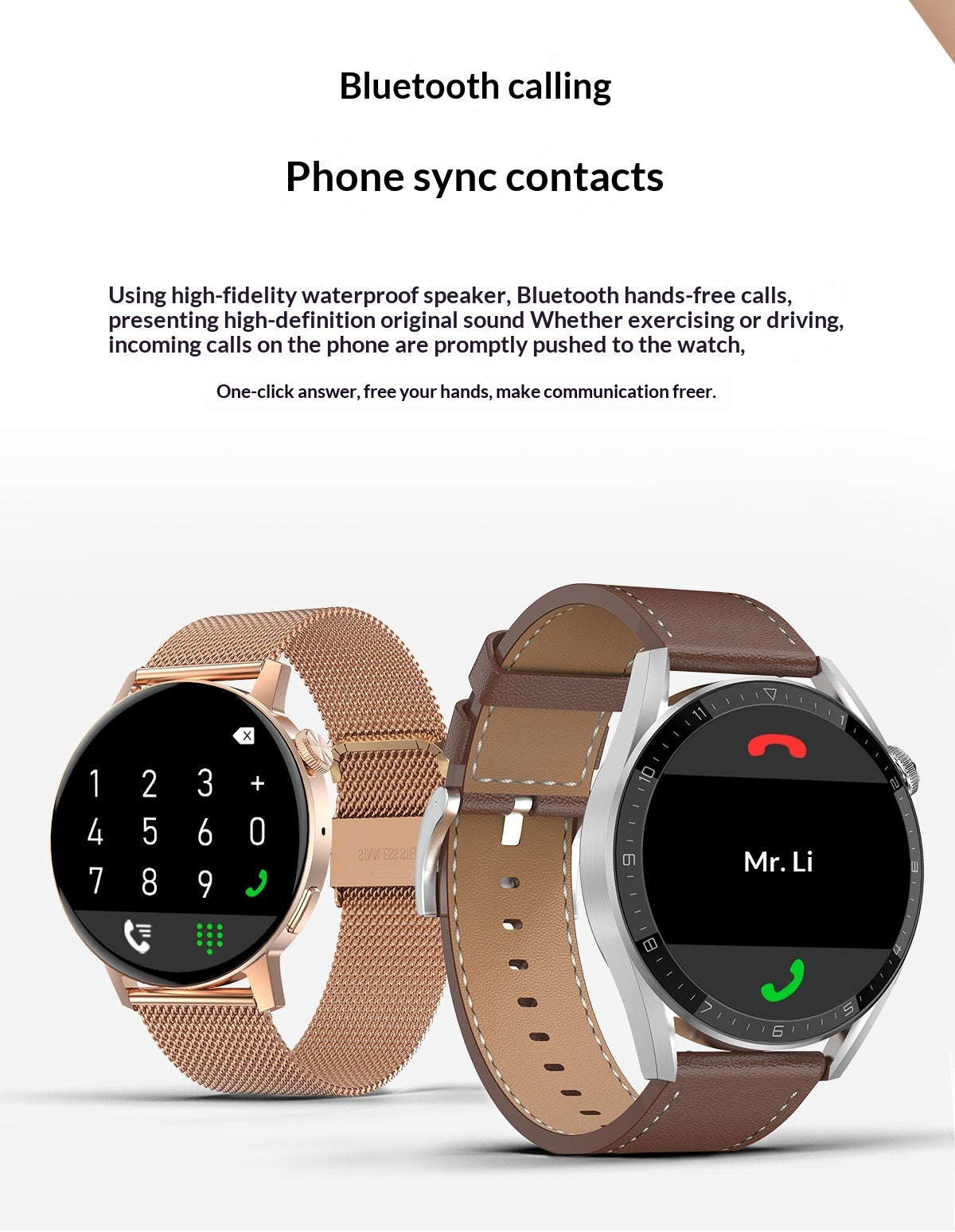 IP68 smartwatch Bluetooth calling hands-free wrist call iOS Android slim 12mm design.
